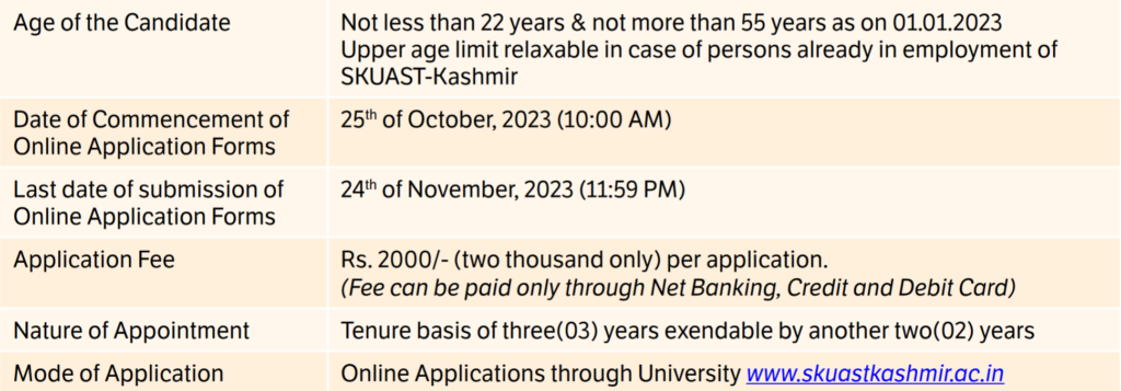 SKUAST Kashmir Dean Recruitment Notification