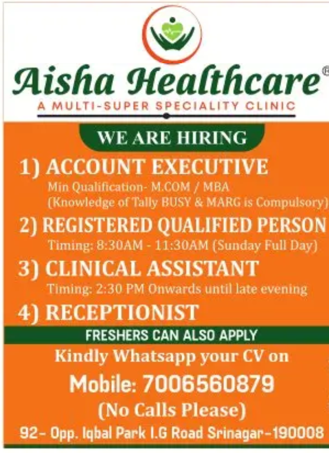 Aisha Healthcare Srinagar Jobs
