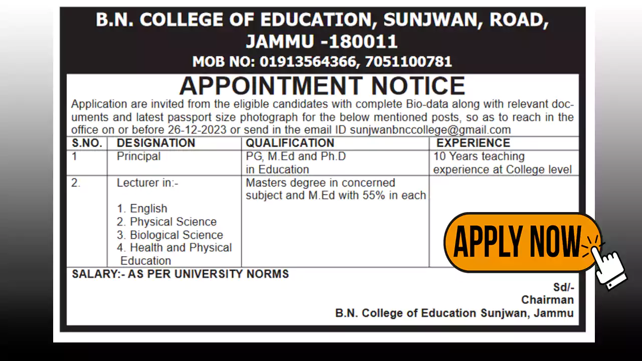 B.N College of Education Jobs, Check Details