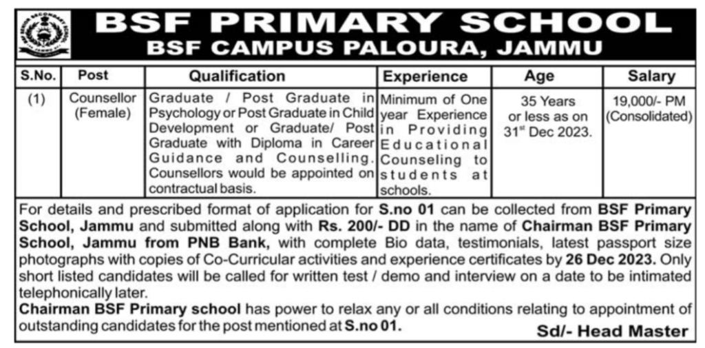 BSF Primary School Jammu Jobs