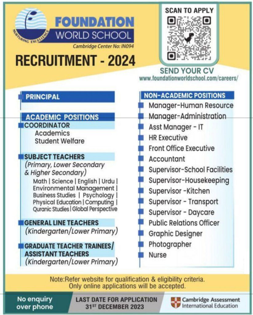 Foundation World School Staff Recruitment 2024