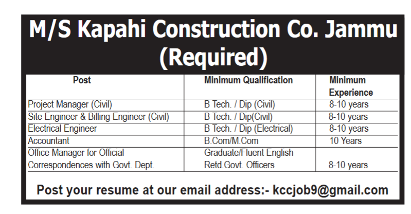 Kapahi Construction Co. Jammu Jobs | Check Vacancy Details