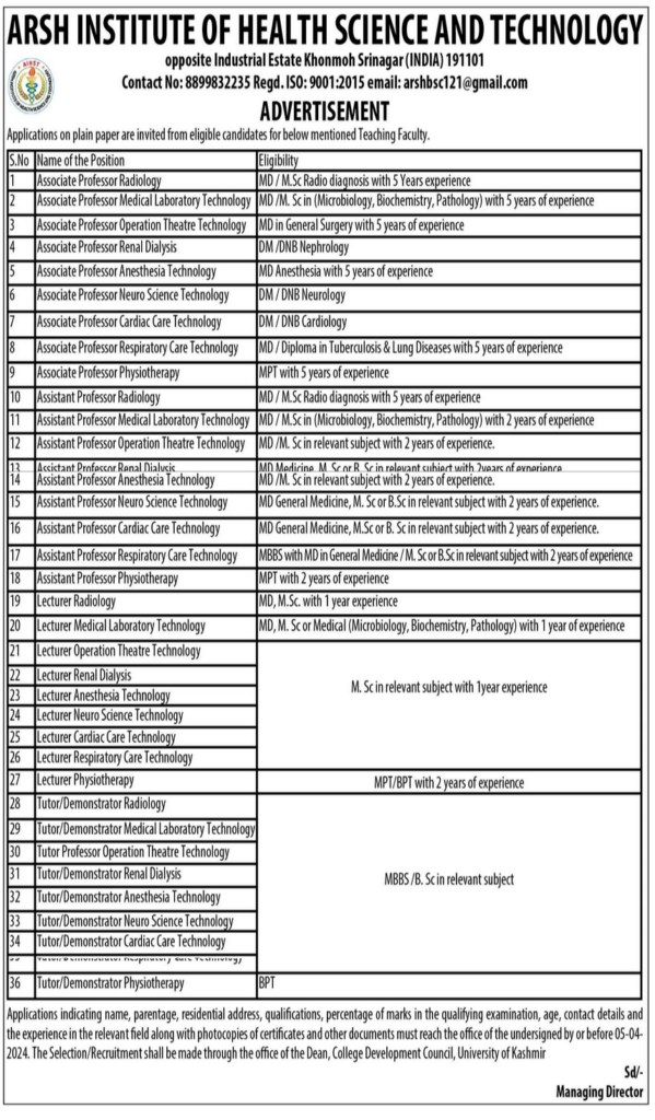 Arsh Institute of Health Science & Technology Srinagar Jobs 2024