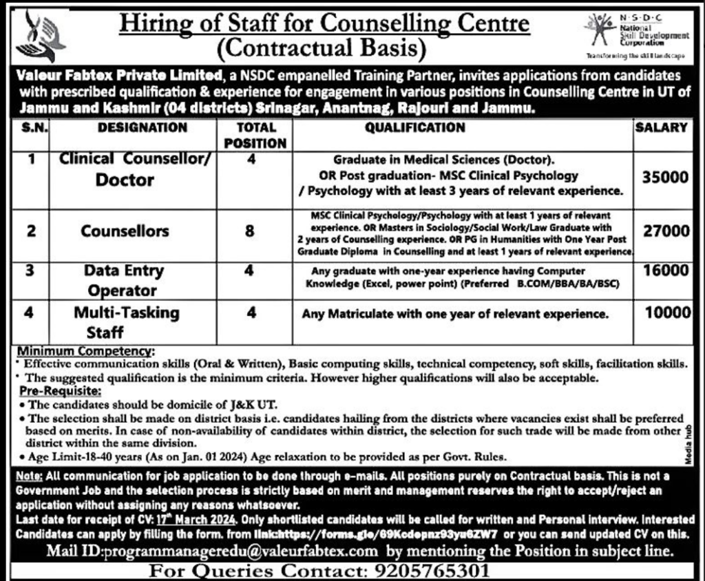 Counselling Centre Recruitment in J&K 2024 