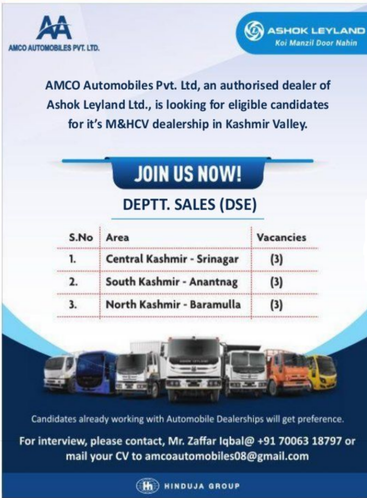 Sales Executive Posts in AMCO Automobiles Kashmir 