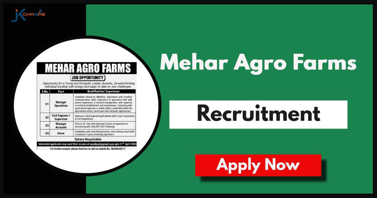 Job Vacancies at Mehar Agro Farms: Manager, Engineer, Driver Posts