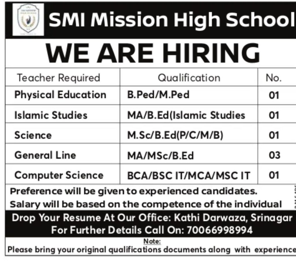 Teacher Posts at SMI Mission High School Kati Darwaza Srinagar