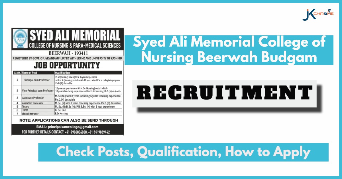 Syed Ali Memorial College of Nursing Beerwah Budgam Jobs 2024