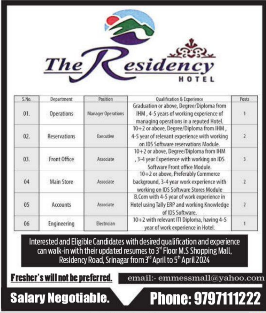 The Residency Hotel Srinagar Jobs 2024: Apply for 11 Posts