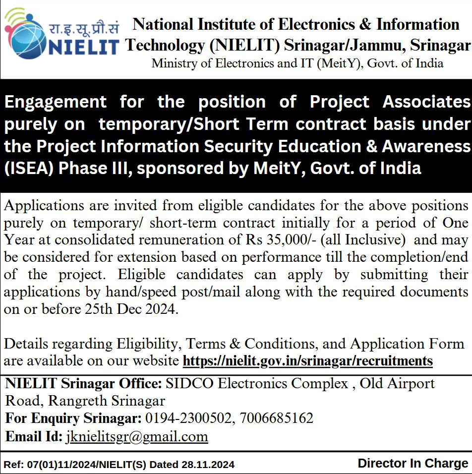 NIELIT Srinagar Recruitment 2024, Apply Now for Project Associates NIELIT Srinagar Project Associates Job Notice