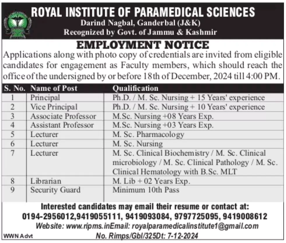 Royal Institute of Paramedical Sciences Ganderbal Recruitment 2024, Details Here Royal Institute of Paramedical Sciences Ganderbal Recruitment 2024 Notification