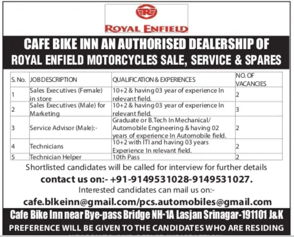 Café Bike Inn Srinagar 2025 Notification Out for Sales Executive, Technician and Other Posts Café Bike Inn Srinagar 2025 Notification Out for Sales Executive, Technician and Other Posts