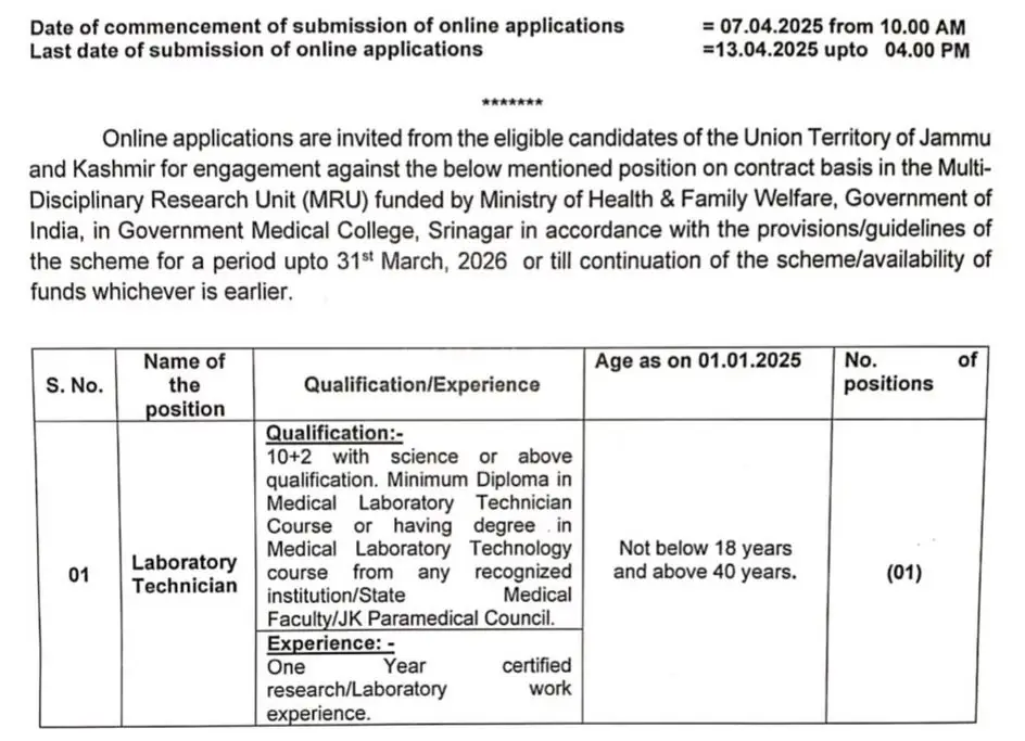GMC Srinagar Laboratory Technician Notification 2025 Out GMC Srinagar Laboratory Technician Notification 2025 Out