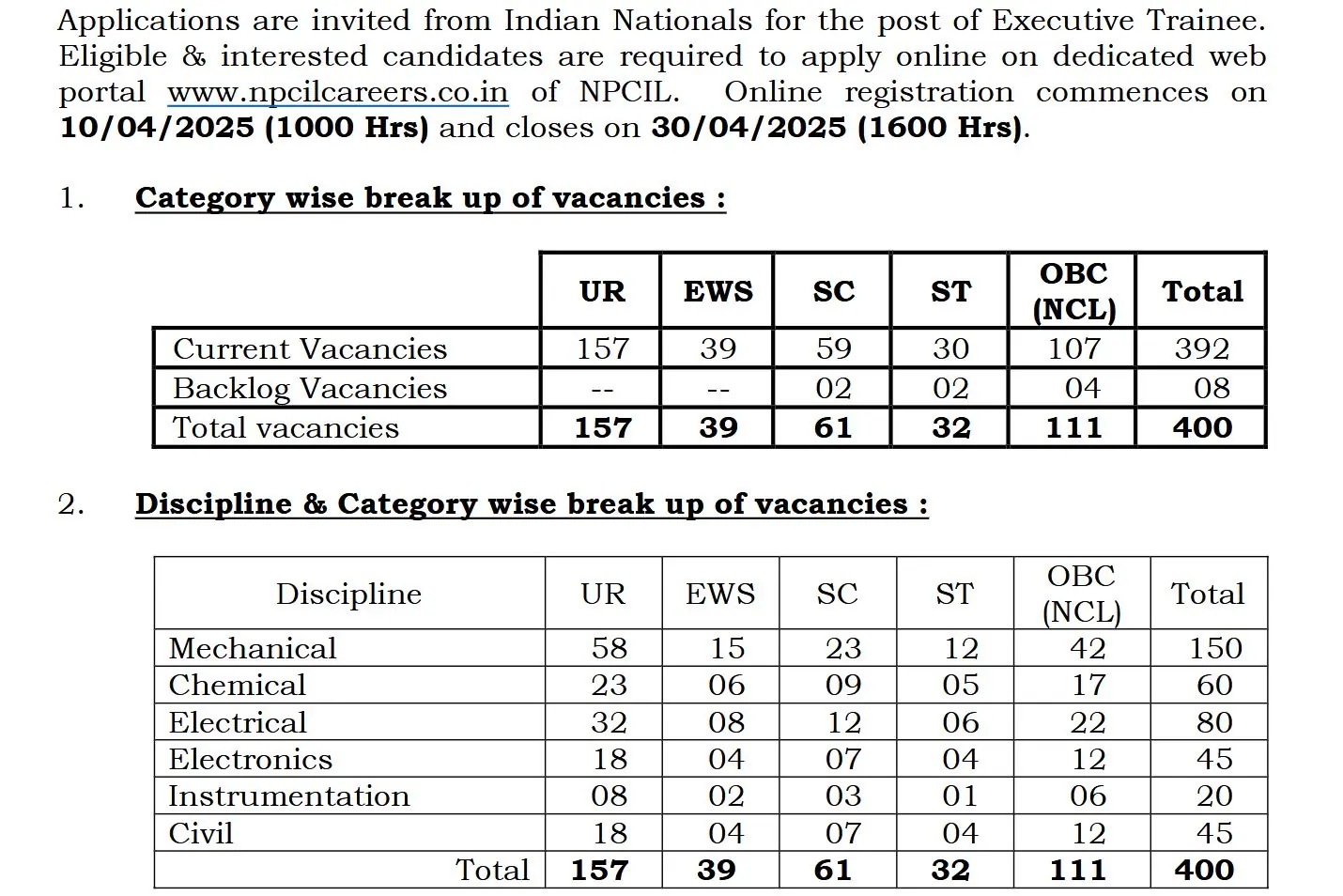 NPCIL Executive Trainee 2025 Notification Out for 400 Posts in Multiple Disciplines – Apply Online NPCIL Vacancies 2025 through gate