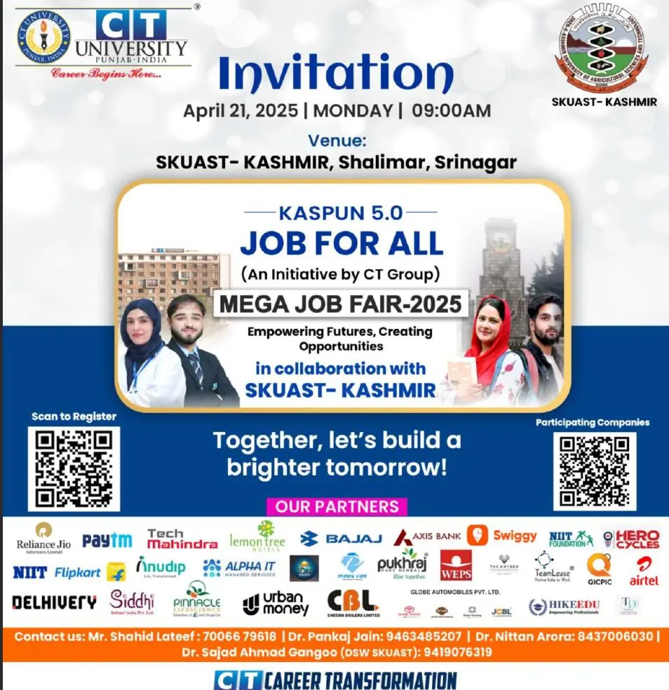 SKUAST-Kashmir Mega Job Fair 2025 on April 21: Join CT Group’s KASPUN 5.0 Job For All Initiative SKUAST-Kashmir Mega Job Fair 2025 on April 21: Join CT Group’s KASPUN 5.0 Job For All Initiative