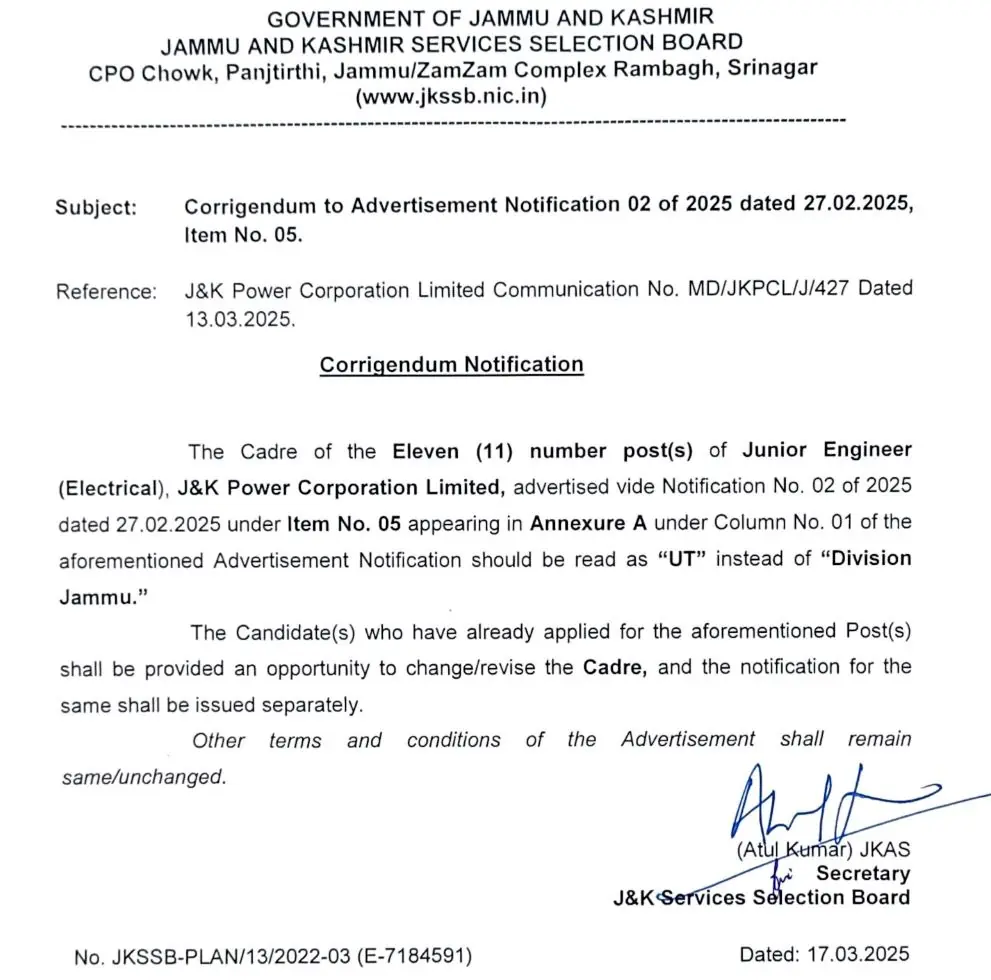 JKSSB Junior Engineer (Electrical) 2025, Apply Now for 292 Posts – Last Date Extended to 14 April JKSSB Junior Engineer (Electrical) 2025, Apply Now for 292 Posts – Last Date Extended to 14 April
