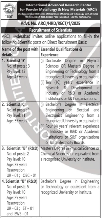 ARCI Notification Out for 11 Scientist Posts