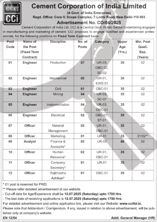 Cement Corporation of India Hiring for 29 Engineer and Officer Posts on Fixed Term Basis, Apply by 12 July