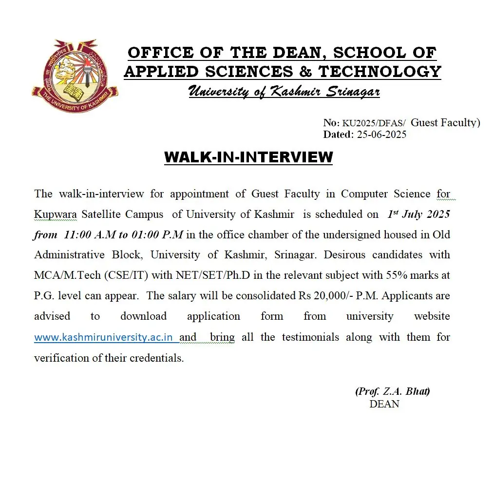 University of Kashmir Walk-in for Guest Faculty in Computer Science at Kupwara Campus