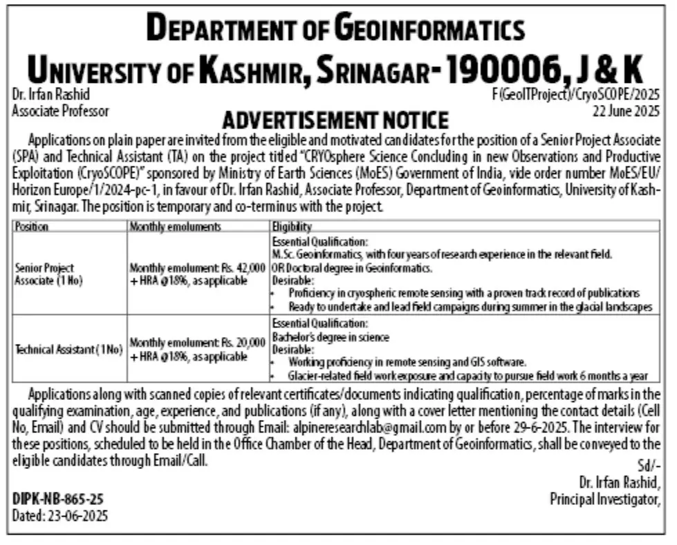 Kashmir University Notification for Senior Project Associate and Technical Assistant Posts