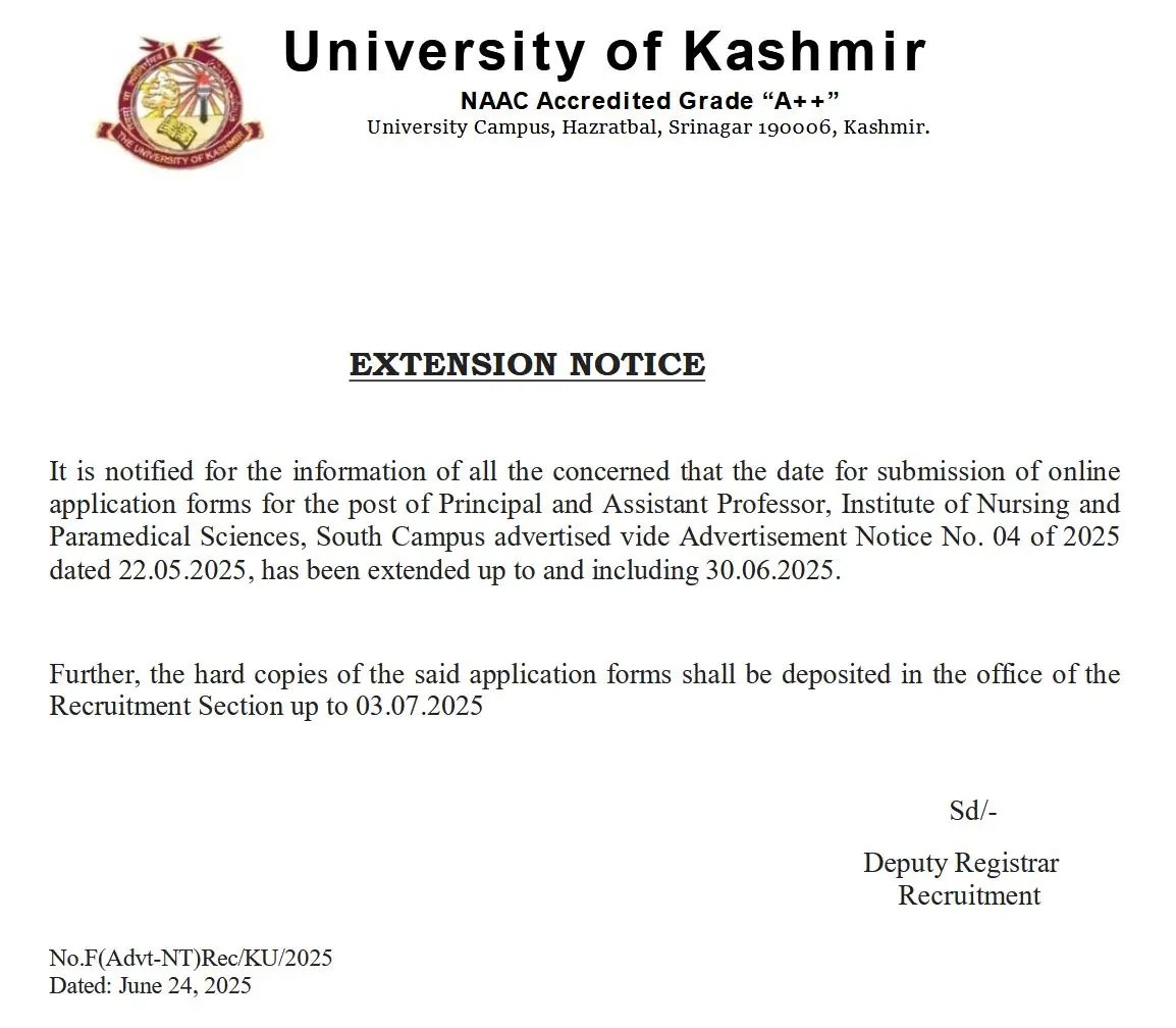 Kashmir University Faculty Posts at South Campus Extended – Apply for Principal and Assistant Professors